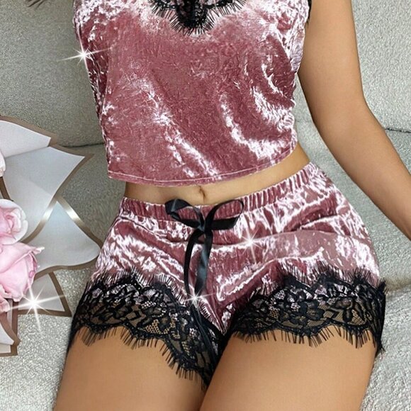 Dusty Pink Sexy Women's Elegant Lace & Velvet Sleepwear Set With V-Neck Camisole - Picture 4 of 7